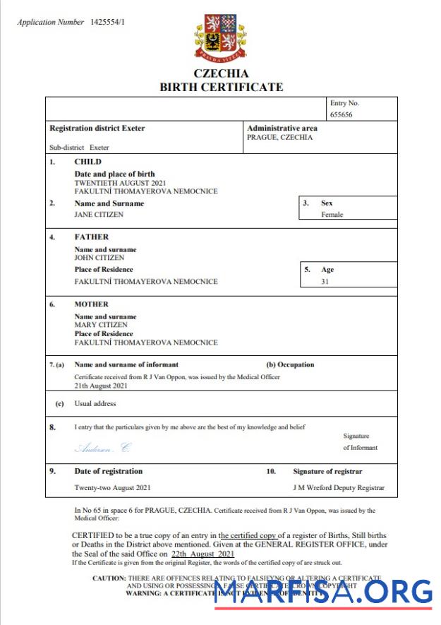 Realistic Czechia vital record birth certificate Word and PDF template